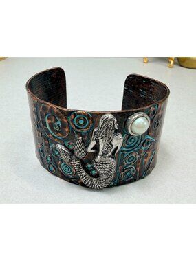 Mermaid Cuff Bracelet Mixed Metals Copper Patina Pearl Ocean